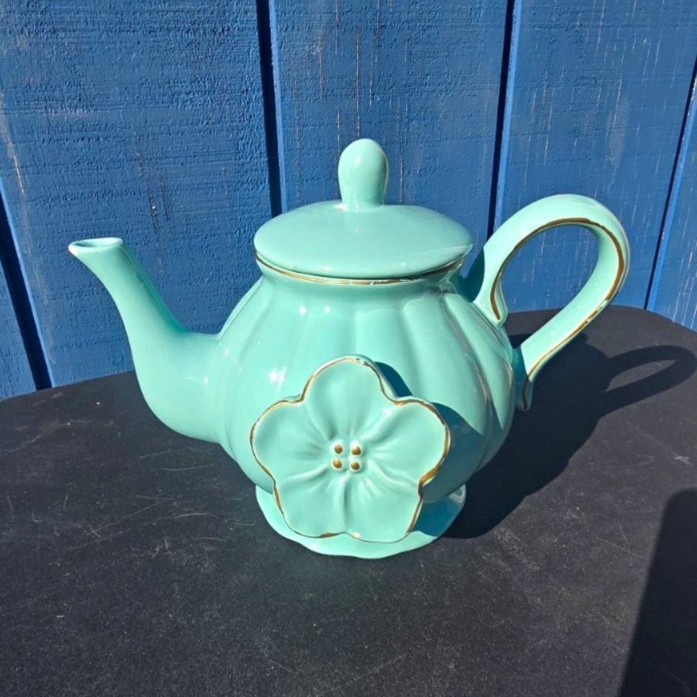 vintage turquoise ceramic teapot w/embossed 3D flower accent with gold trim